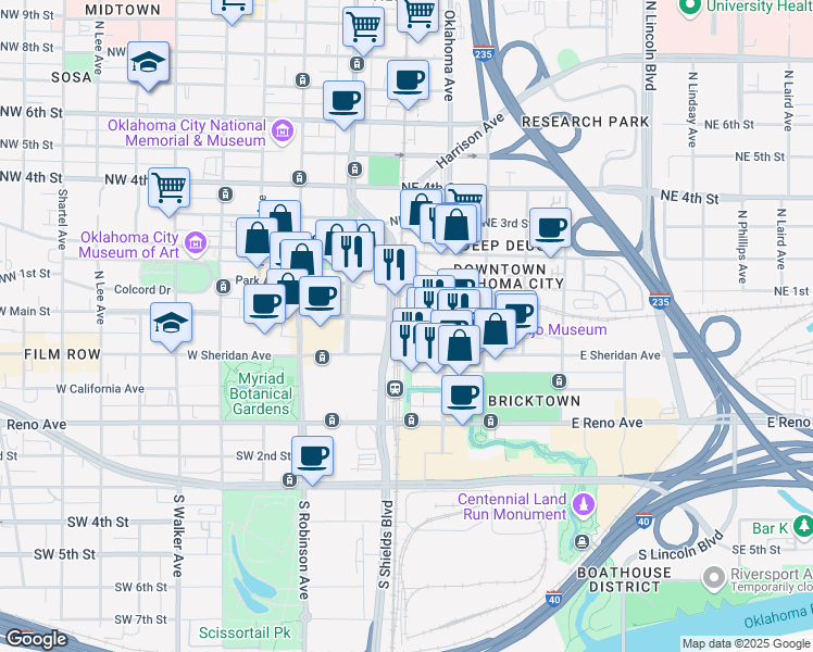 map of restaurants, bars, coffee shops, grocery stores, and more near 1840 East Main Street in Oklahoma City