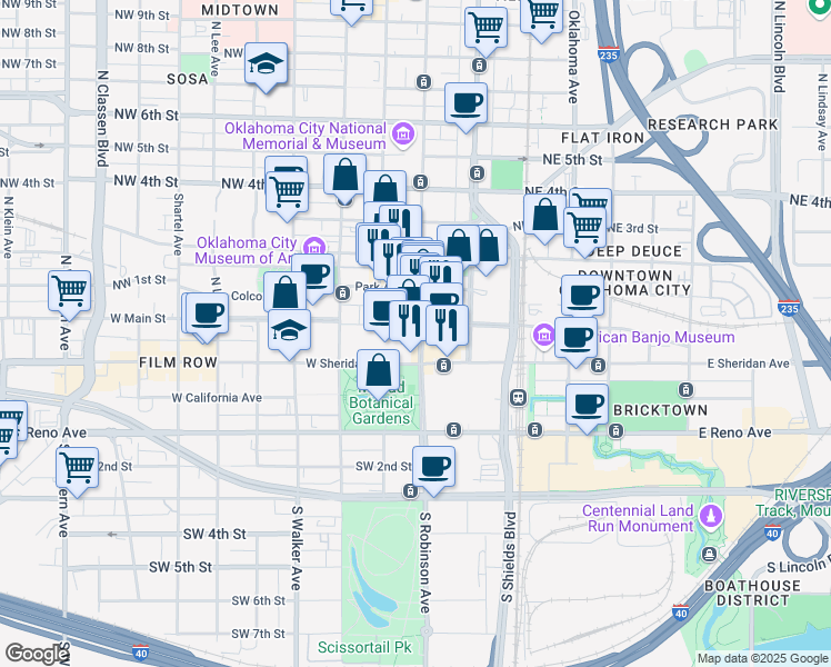 map of restaurants, bars, coffee shops, grocery stores, and more near 55 North Robinson Avenue in Oklahoma City