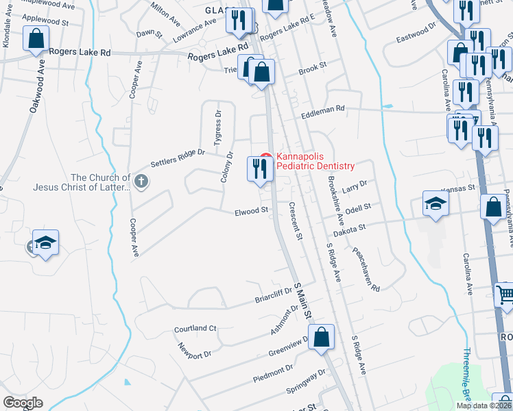 map of restaurants, bars, coffee shops, grocery stores, and more near 1884 South Main Street in Kannapolis