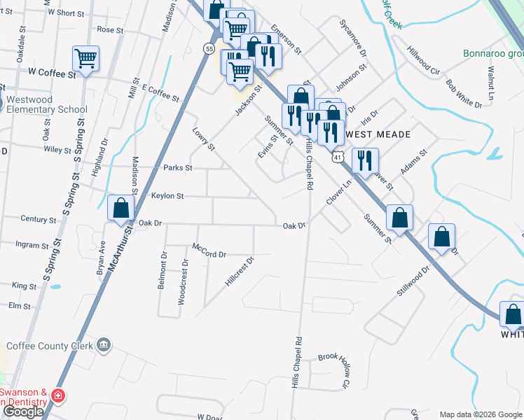 map of restaurants, bars, coffee shops, grocery stores, and more near 800 Lowry Street in Manchester