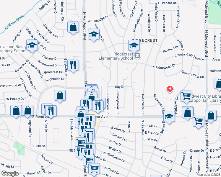 map of restaurants, bars, coffee shops, grocery stores, and more near 308 Guy Drive in Midwest City