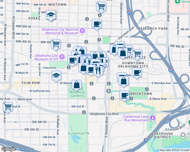 map of restaurants, bars, coffee shops, grocery stores, and more near 118 West Main Street in Oklahoma City