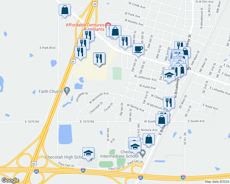 map of restaurants, bars, coffee shops, grocery stores, and more near 911 West McIntosh Avenue in Checotah