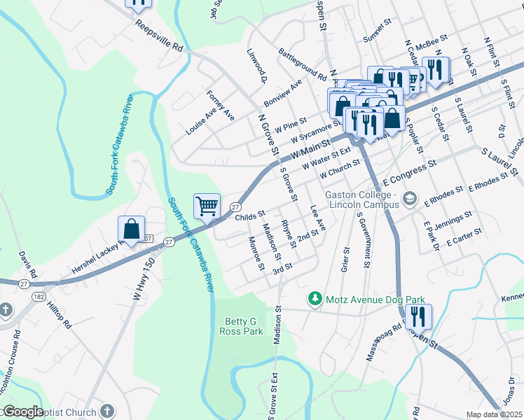 map of restaurants, bars, coffee shops, grocery stores, and more near 514 Childs Street in Lincolnton