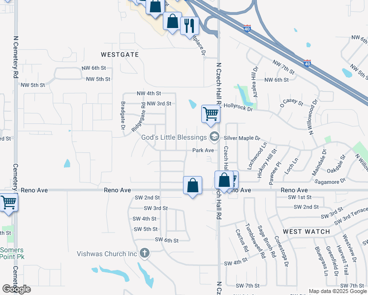map of restaurants, bars, coffee shops, grocery stores, and more near 101 North Eastgate Drive in Yukon