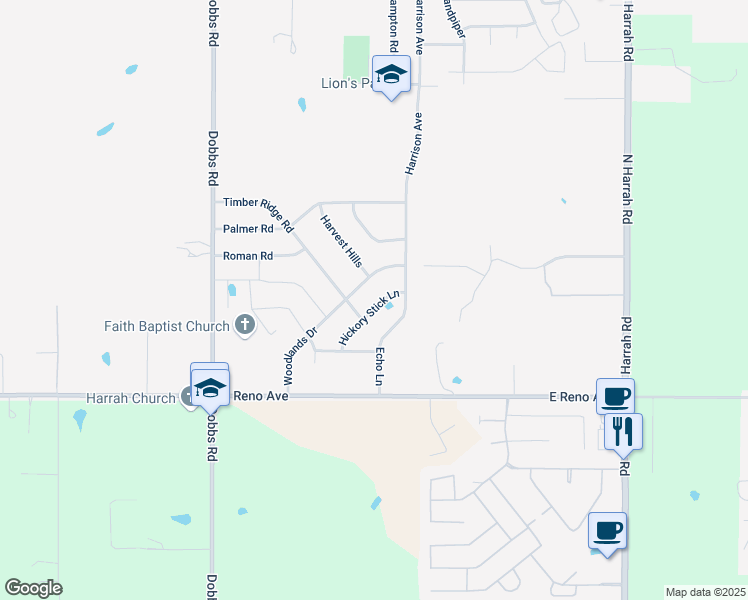 map of restaurants, bars, coffee shops, grocery stores, and more near 251 Hickory Stick Lane in Harrah