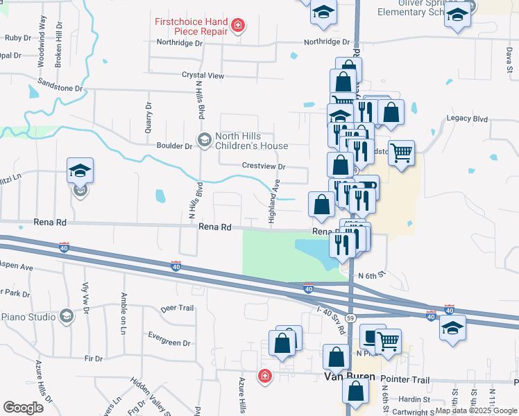 map of restaurants, bars, coffee shops, grocery stores, and more near 405 Cedar Creek Drive in Van Buren