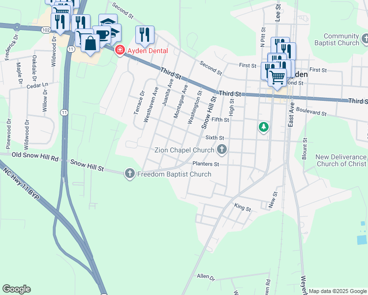 map of restaurants, bars, coffee shops, grocery stores, and more near 4237 Washington Street in Ayden