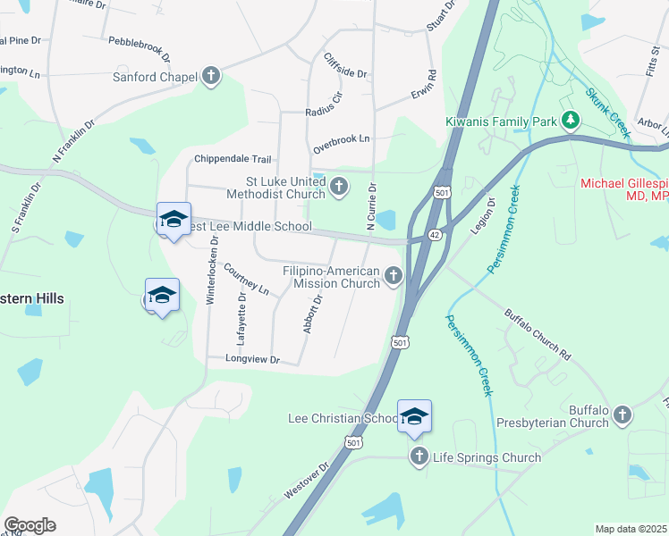 map of restaurants, bars, coffee shops, grocery stores, and more near 301 Abbott Drive in Sanford