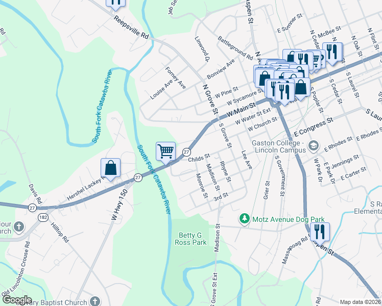 map of restaurants, bars, coffee shops, grocery stores, and more near 625 Riverside Drive in Lincolnton