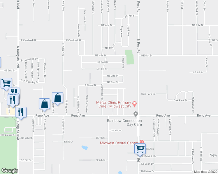 map of restaurants, bars, coffee shops, grocery stores, and more near 9693 Oak Tree Terrace in Midwest City