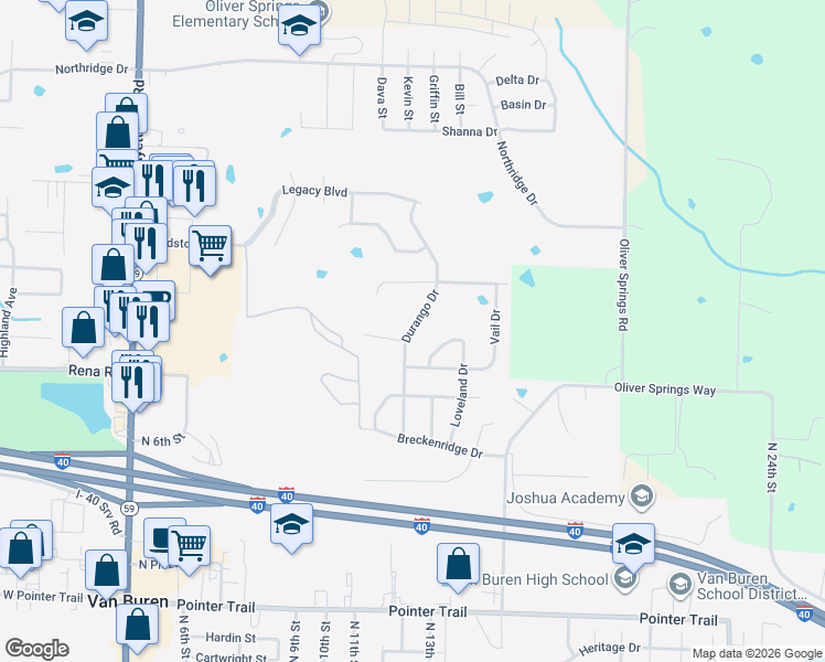 map of restaurants, bars, coffee shops, grocery stores, and more near 2304 Durango Dr in Van Buren