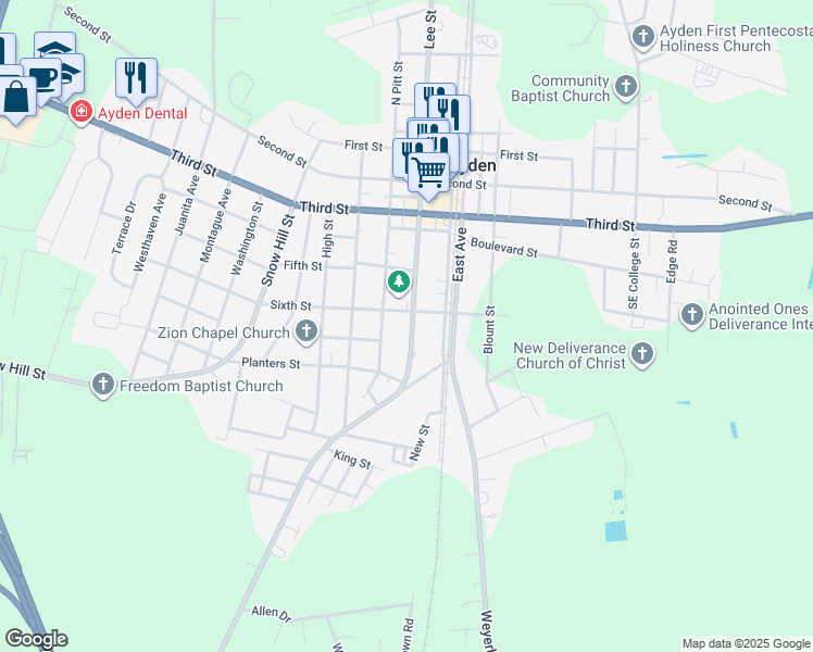 map of restaurants, bars, coffee shops, grocery stores, and more near 4378 Lee Street in Ayden