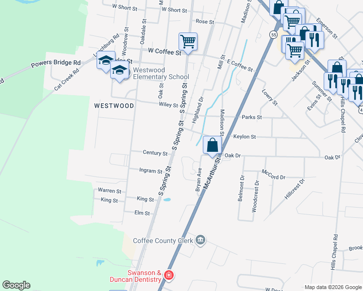 map of restaurants, bars, coffee shops, grocery stores, and more near 1011 South Spring Street in Manchester