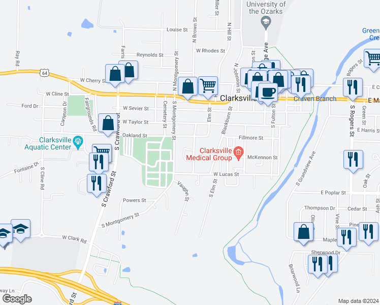 map of restaurants, bars, coffee shops, grocery stores, and more near 2 Love Circle in Clarksville