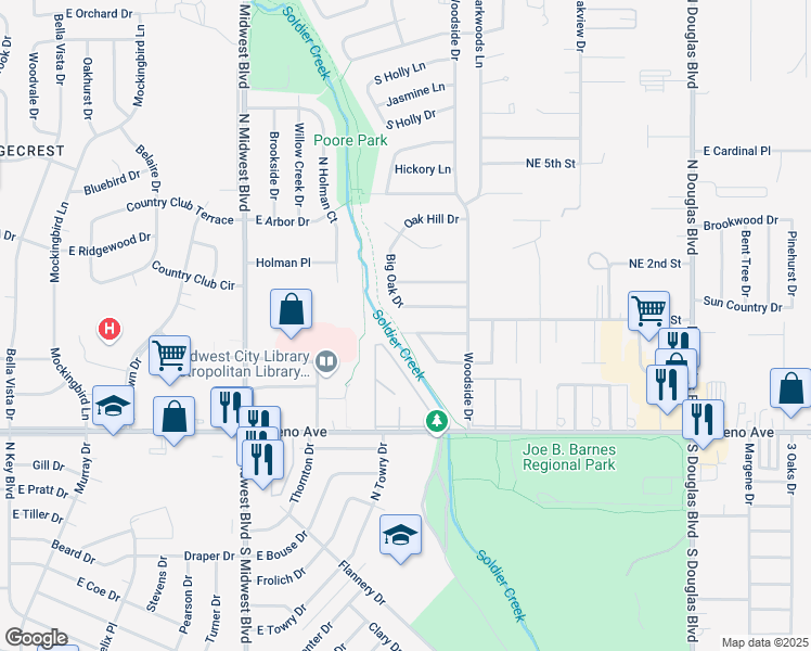 map of restaurants, bars, coffee shops, grocery stores, and more near 1025 Tall Oaks Drive in Midwest City