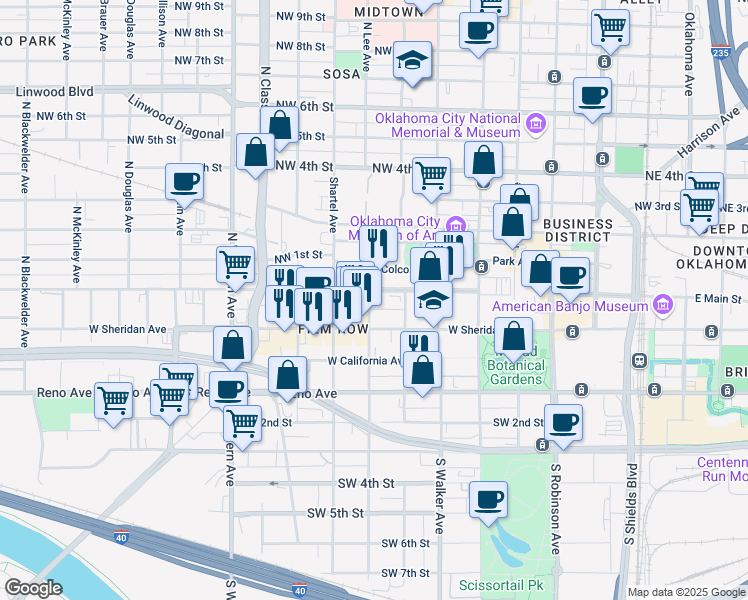 map of restaurants, bars, coffee shops, grocery stores, and more near 630 West Main Street in Oklahoma City