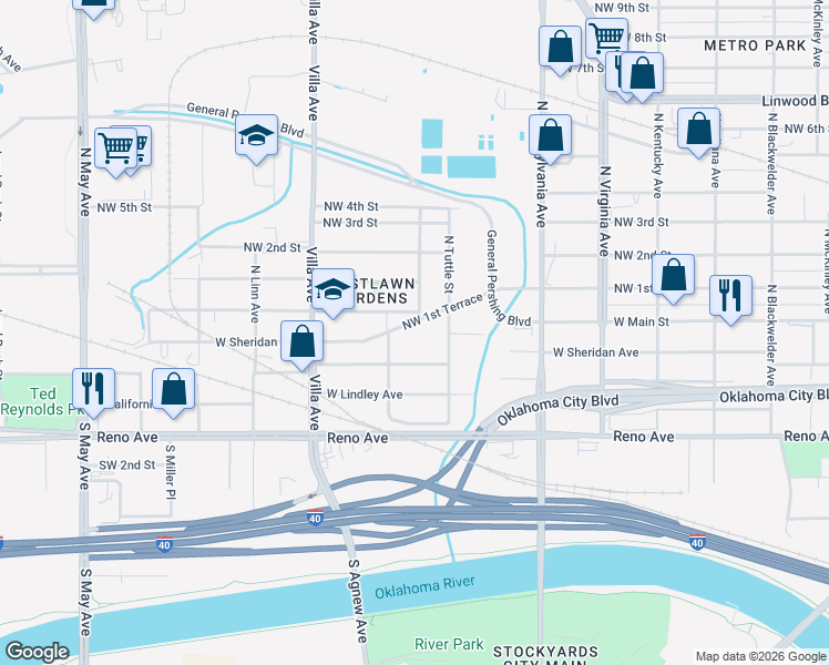 map of restaurants, bars, coffee shops, grocery stores, and more near 2324 Northwest 1st Terrace in Oklahoma City