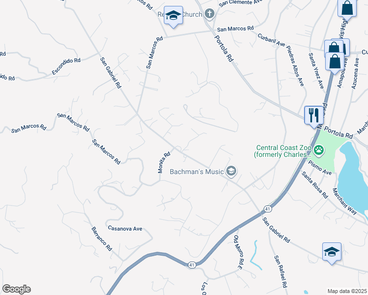 map of restaurants, bars, coffee shops, grocery stores, and more near 7215 San Gabriel Road in Atascadero