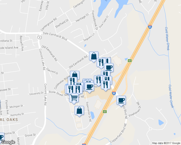 map of restaurants, bars, coffee shops, grocery stores, and more near 2267 Denwood Street in Kannapolis