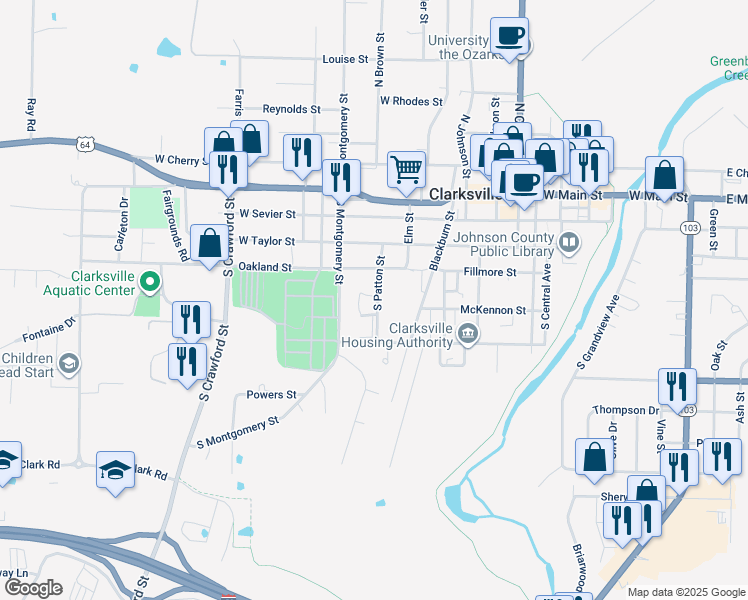 map of restaurants, bars, coffee shops, grocery stores, and more near 2 Love Circle in Clarksville