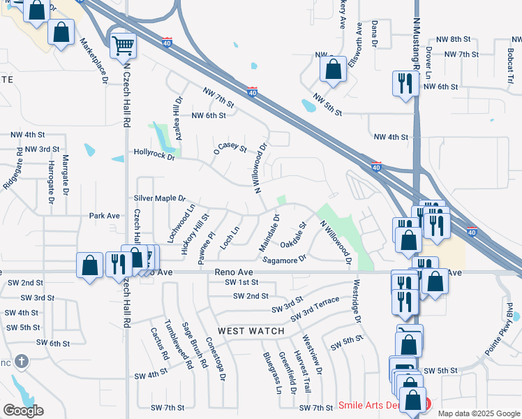map of restaurants, bars, coffee shops, grocery stores, and more near 11801 Silver Maple Drive in Yukon