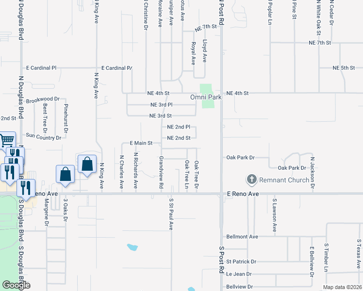 map of restaurants, bars, coffee shops, grocery stores, and more near 9725 Oak Tree Terrace in Midwest City