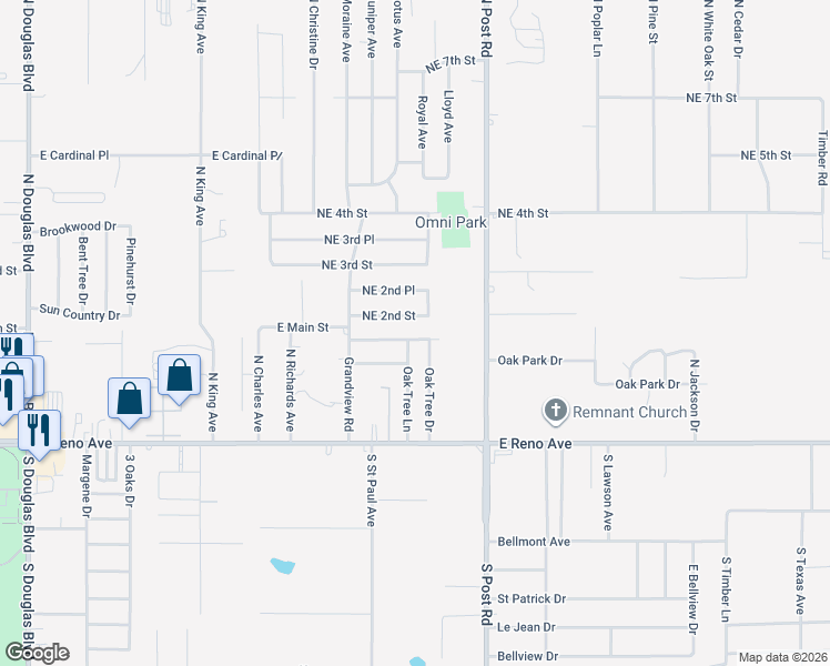 map of restaurants, bars, coffee shops, grocery stores, and more near 9725 Oak Tree Terrace in Midwest City
