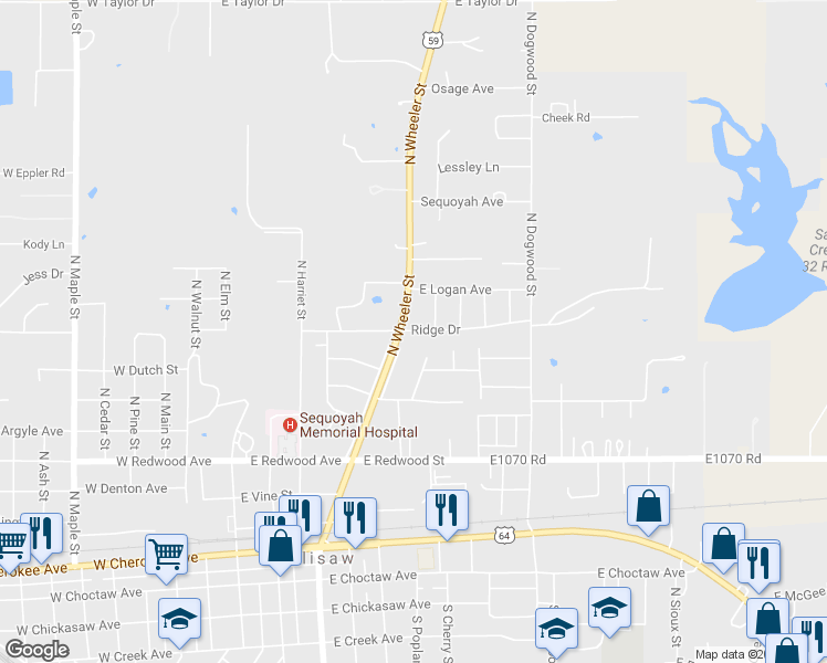 map of restaurants, bars, coffee shops, grocery stores, and more near 600 Ridge Drive in Sallisaw