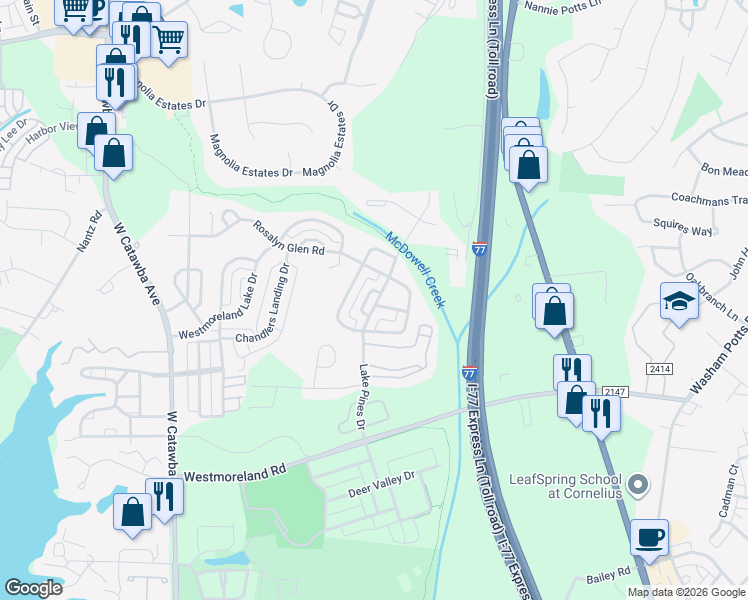 map of restaurants, bars, coffee shops, grocery stores, and more near 8601 Lake Pines Drive in Cornelius