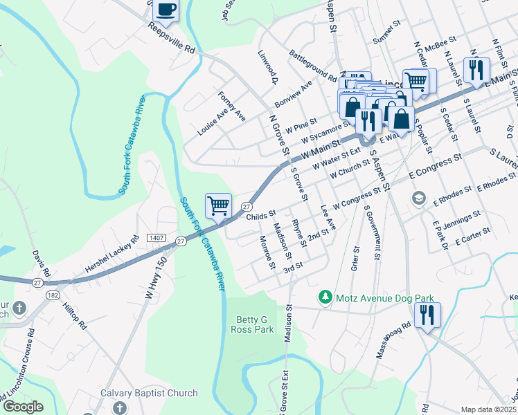 map of restaurants, bars, coffee shops, grocery stores, and more near 615 Riverside Drive in Lincolnton