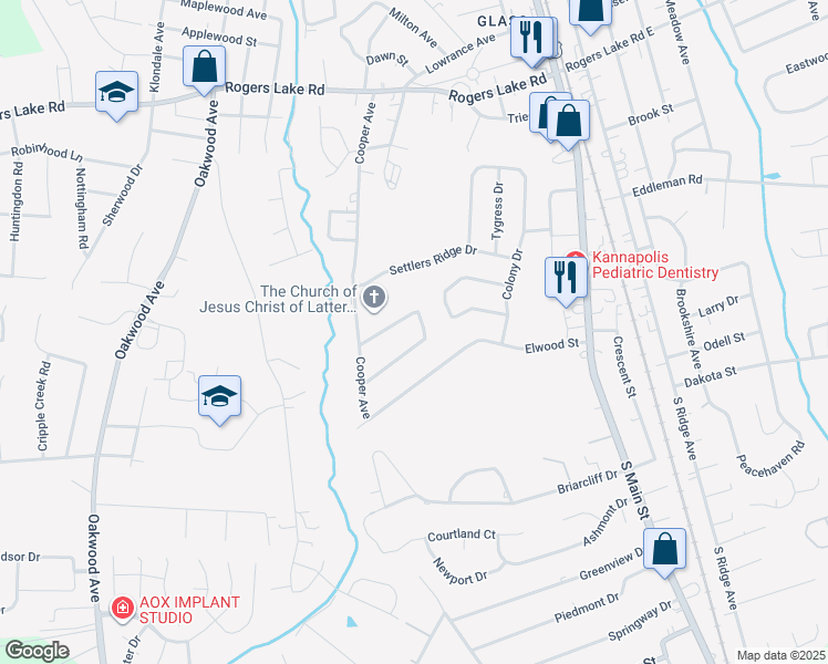 map of restaurants, bars, coffee shops, grocery stores, and more near 576 Westwood Drive in Kannapolis