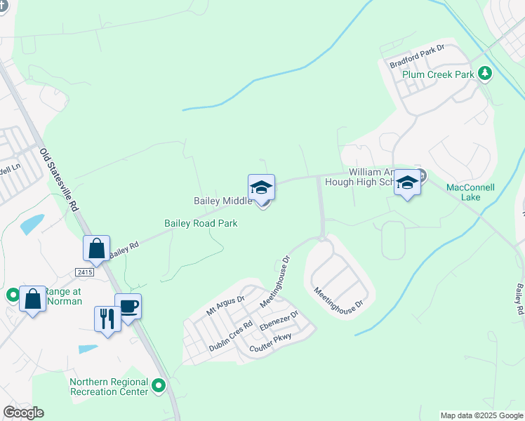 map of restaurants, bars, coffee shops, grocery stores, and more near 11900 Bailey Road in Cornelius
