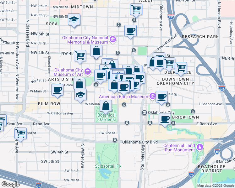 map of restaurants, bars, coffee shops, grocery stores, and more near in Oklahoma City