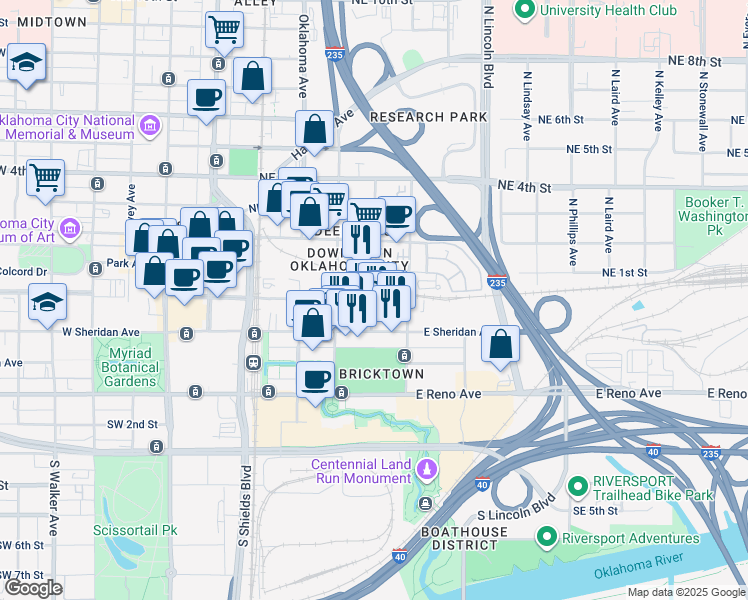 map of restaurants, bars, coffee shops, grocery stores, and more near 219 East Main Street in Oklahoma City