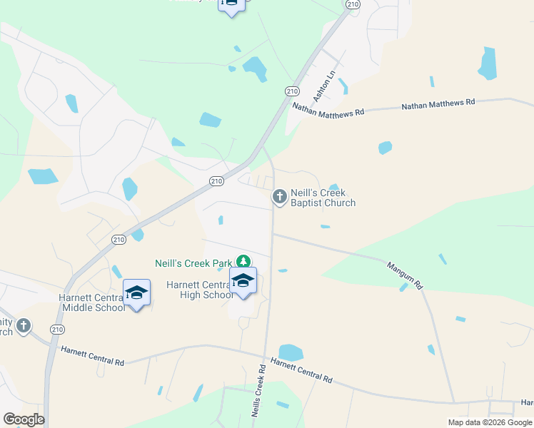 map of restaurants, bars, coffee shops, grocery stores, and more near 17 Ashley Oaks Court in Angier