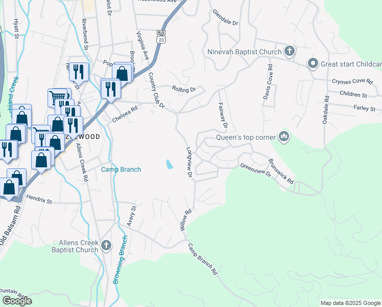 map of restaurants, bars, coffee shops, grocery stores, and more near 20 Greenview Drive in Waynesville