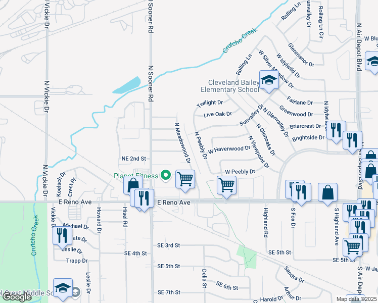 map of restaurants, bars, coffee shops, grocery stores, and more near 3204 North Meadowood Drive in Midwest City