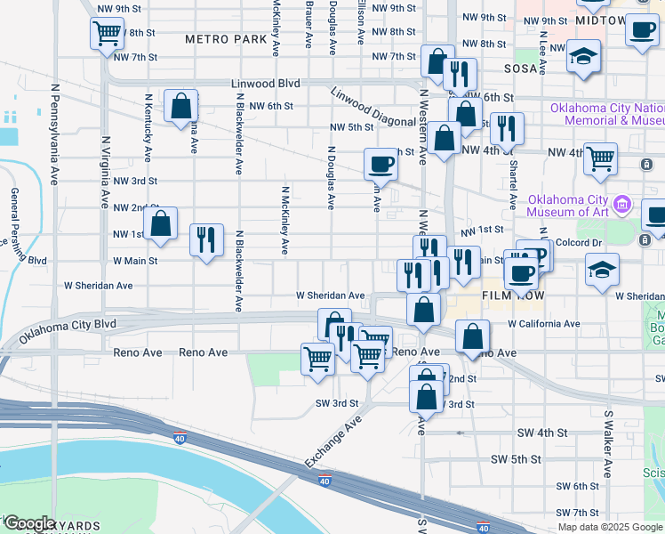 map of restaurants, bars, coffee shops, grocery stores, and more near 1236 West Main Street in Oklahoma City