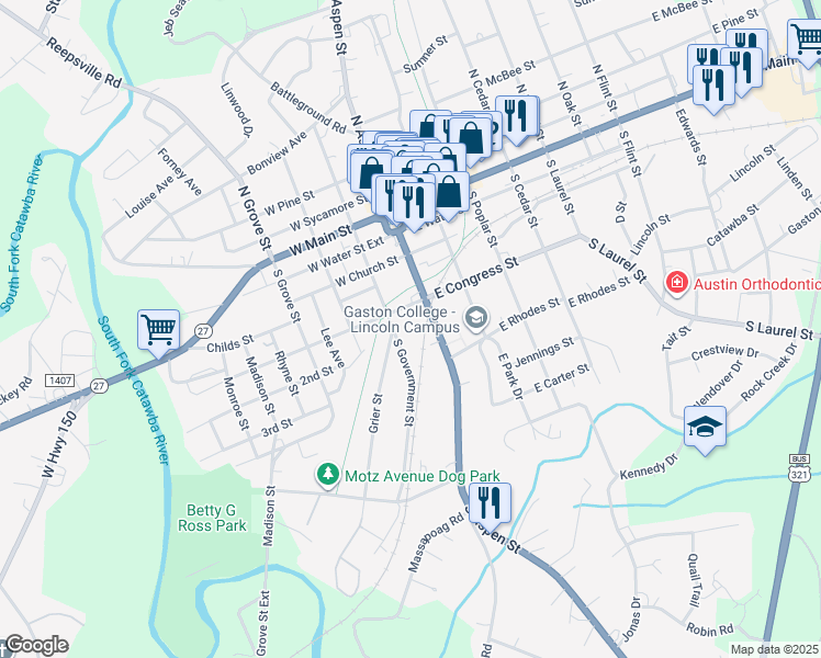 map of restaurants, bars, coffee shops, grocery stores, and more near 483 South Government Street in Lincolnton