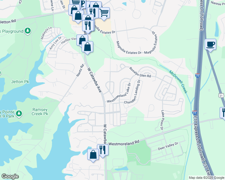 map of restaurants, bars, coffee shops, grocery stores, and more near 18916 Cloverstone Circle in Cornelius
