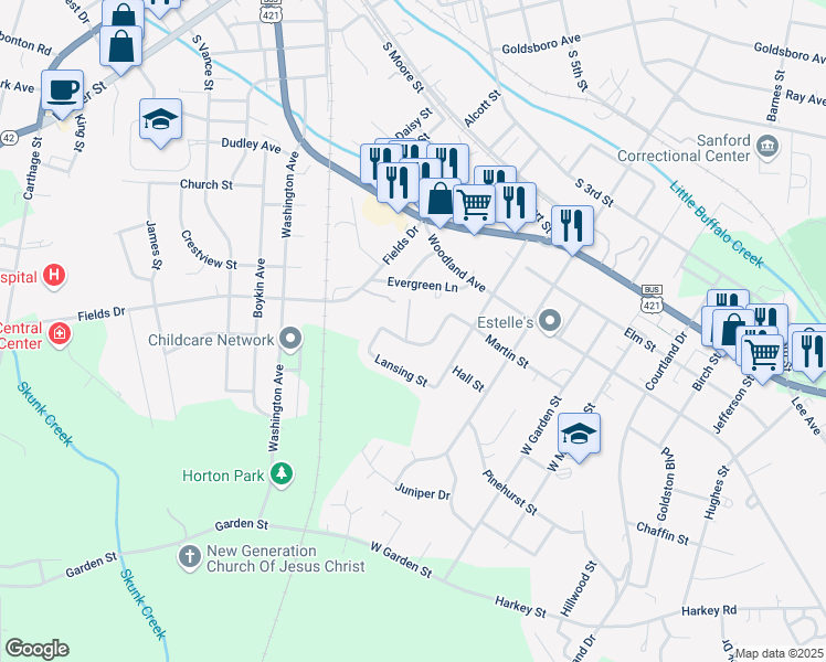 map of restaurants, bars, coffee shops, grocery stores, and more near 1213 Freeman Drive in Sanford