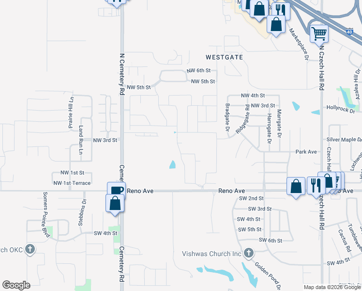 map of restaurants, bars, coffee shops, grocery stores, and more near 424 North Cemetery Road in Yukon