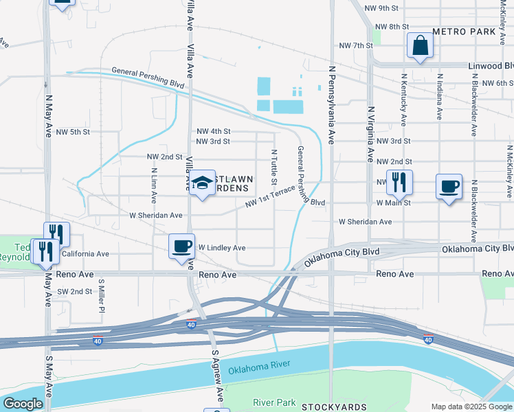 map of restaurants, bars, coffee shops, grocery stores, and more near 2324 Northwest 1st Terrace in Oklahoma City