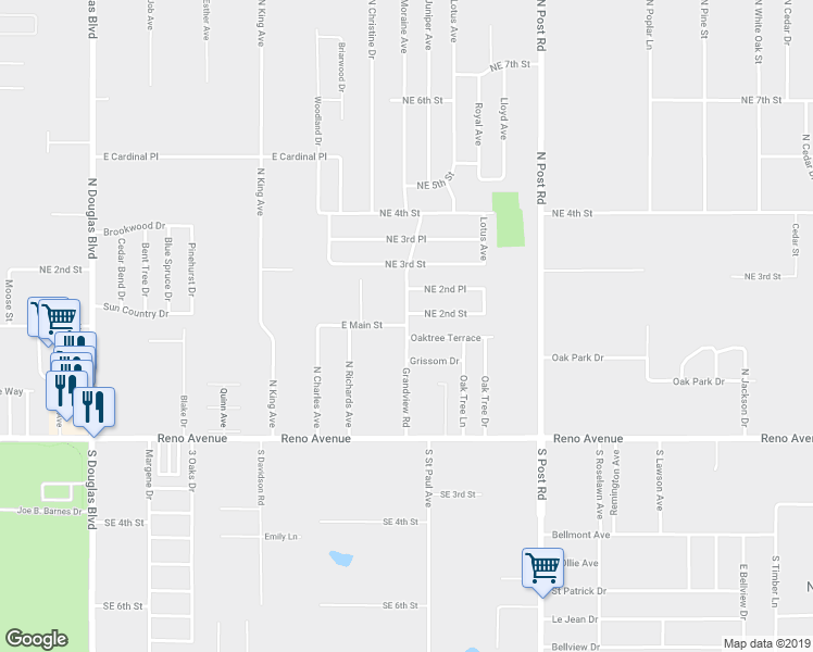 map of restaurants, bars, coffee shops, grocery stores, and more near 9698 East Main Street in Midwest City