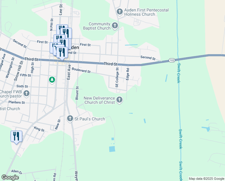 map of restaurants, bars, coffee shops, grocery stores, and more near 620 Sunrise Park Drive in Ayden