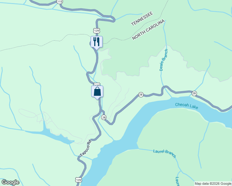 map of restaurants, bars, coffee shops, grocery stores, and more near 561 Deals Gap Road in Bryson City