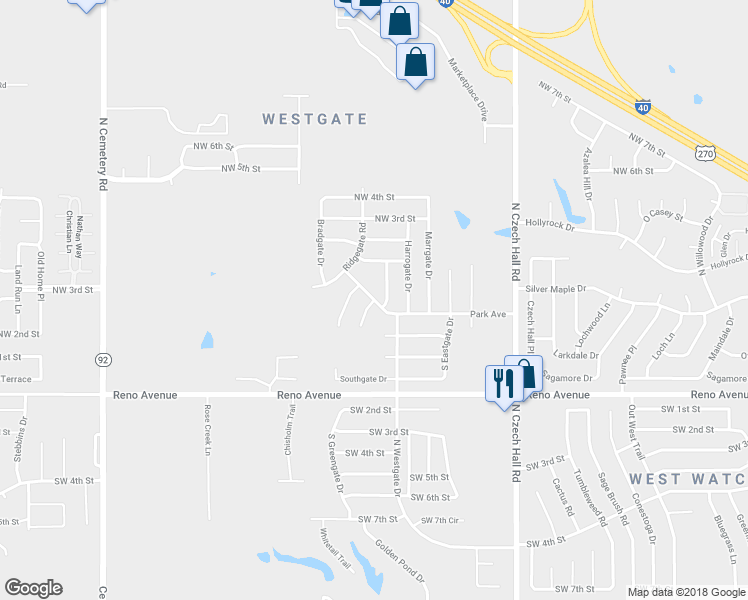 map of restaurants, bars, coffee shops, grocery stores, and more near 39 Woodgate Drive in Yukon
