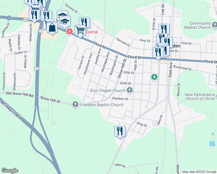 map of restaurants, bars, coffee shops, grocery stores, and more near 4237 Washington Street in Ayden