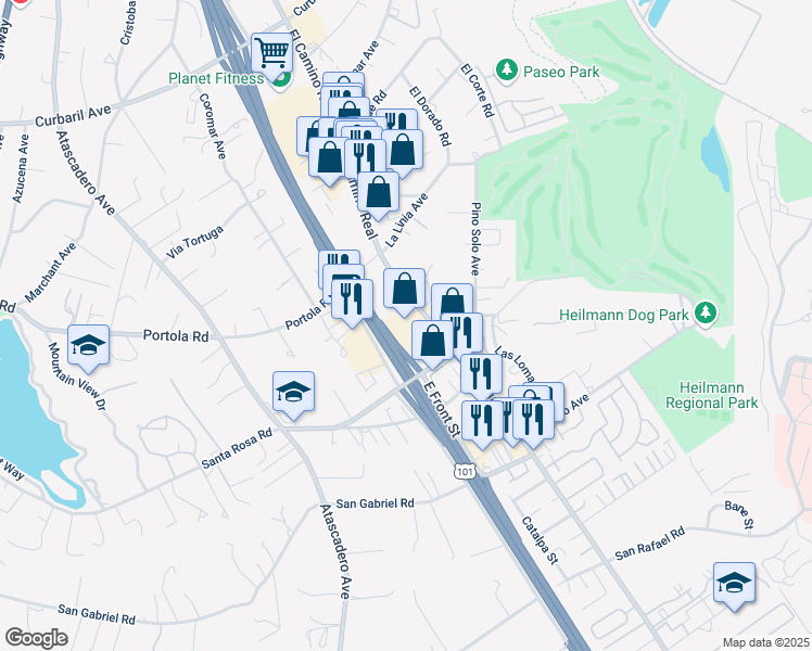map of restaurants, bars, coffee shops, grocery stores, and more near 9330 El Camino Real in Atascadero